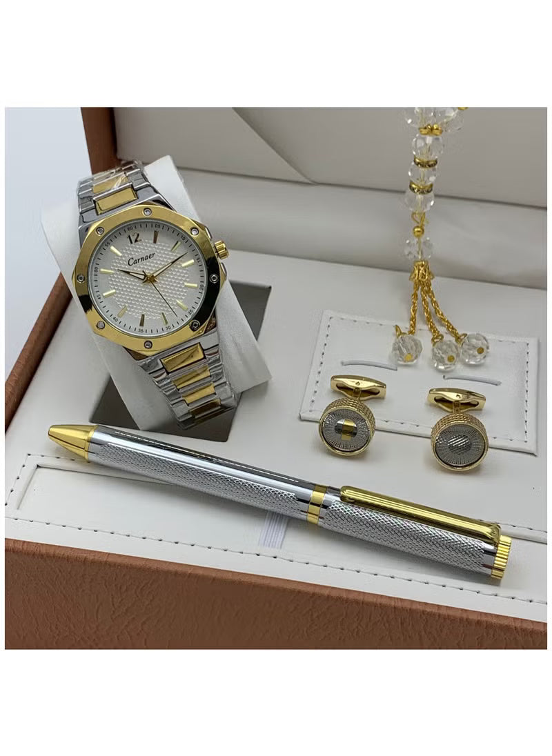 طقم فاخر رجالي من كارنير 4 في 1: ساعة ثنائية اللون، أزرار أكمام، قلم، ومسبحة كريستالية