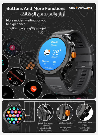 ساعة DV الذكية بشاشة AMOLED مقاس 1.43 بوصة، مقاومة للماء، تدعم مكالمات البلوتوث