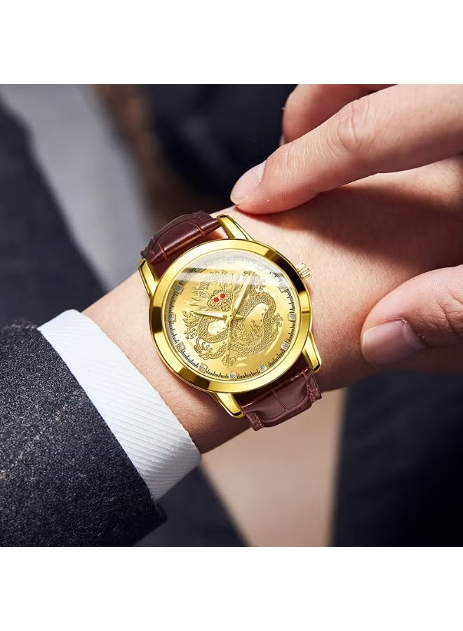 ساعة رجالية ذهبية بتصميم قرص تنين وسوار من الجلد البني تعمل بآلية كوارتز