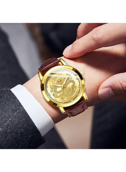 ساعة رجالية ذهبية بتصميم قرص تنين وسوار من الجلد البني تعمل بآلية كوارتز